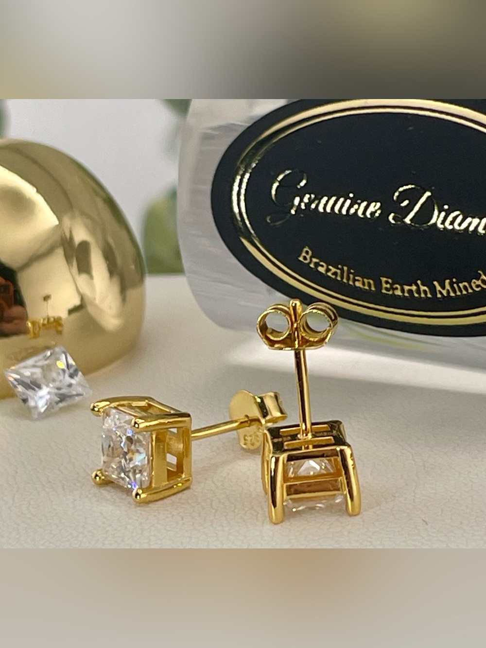 Certified 2ct Diamond studs Princess Cut 18k yellow gold on 925. 1ct Each - Picture 5 of 7